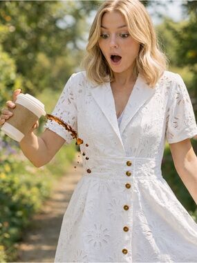 Anthropologie Maeve white eyelet short sleeve dress pockets PETITE MEDIUM NWT